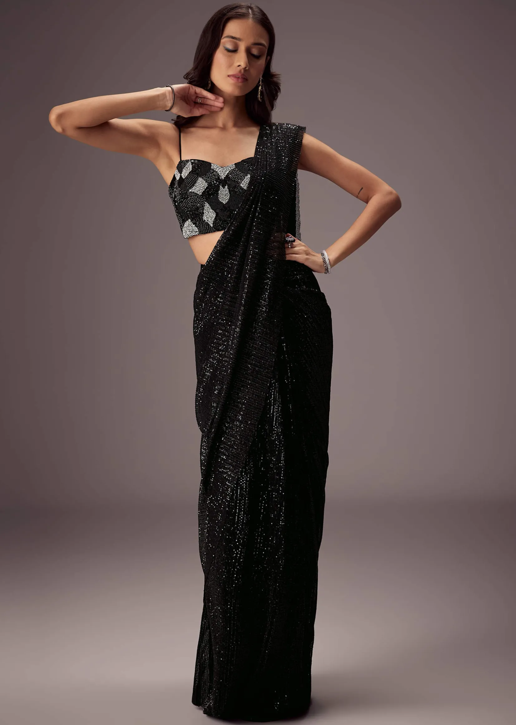 Black Shimmer Saree With Richly Hand Embroidered Blouse