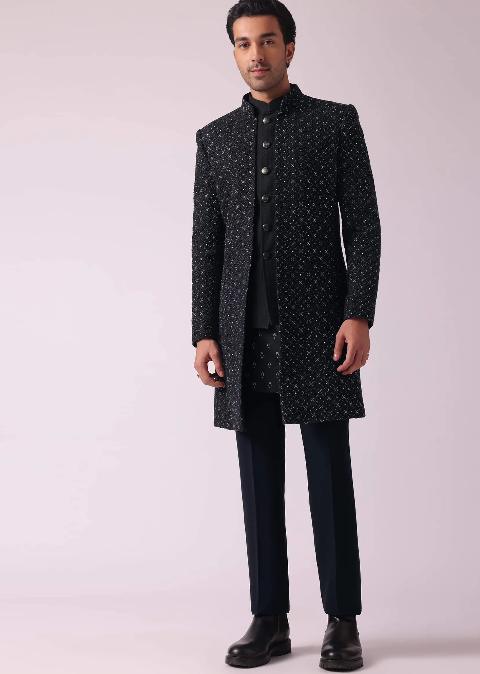 Black Shimmery Indowestern With Cut Work