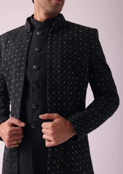 Black Shimmery Indowestern With Cut Work