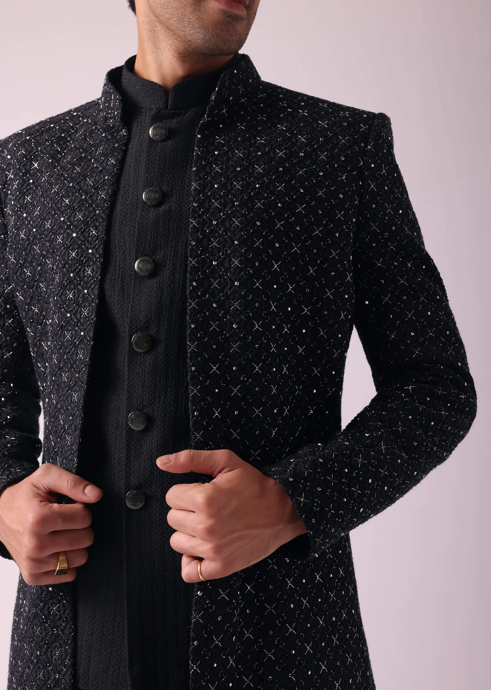 Black Shimmery Indowestern With Cut Work