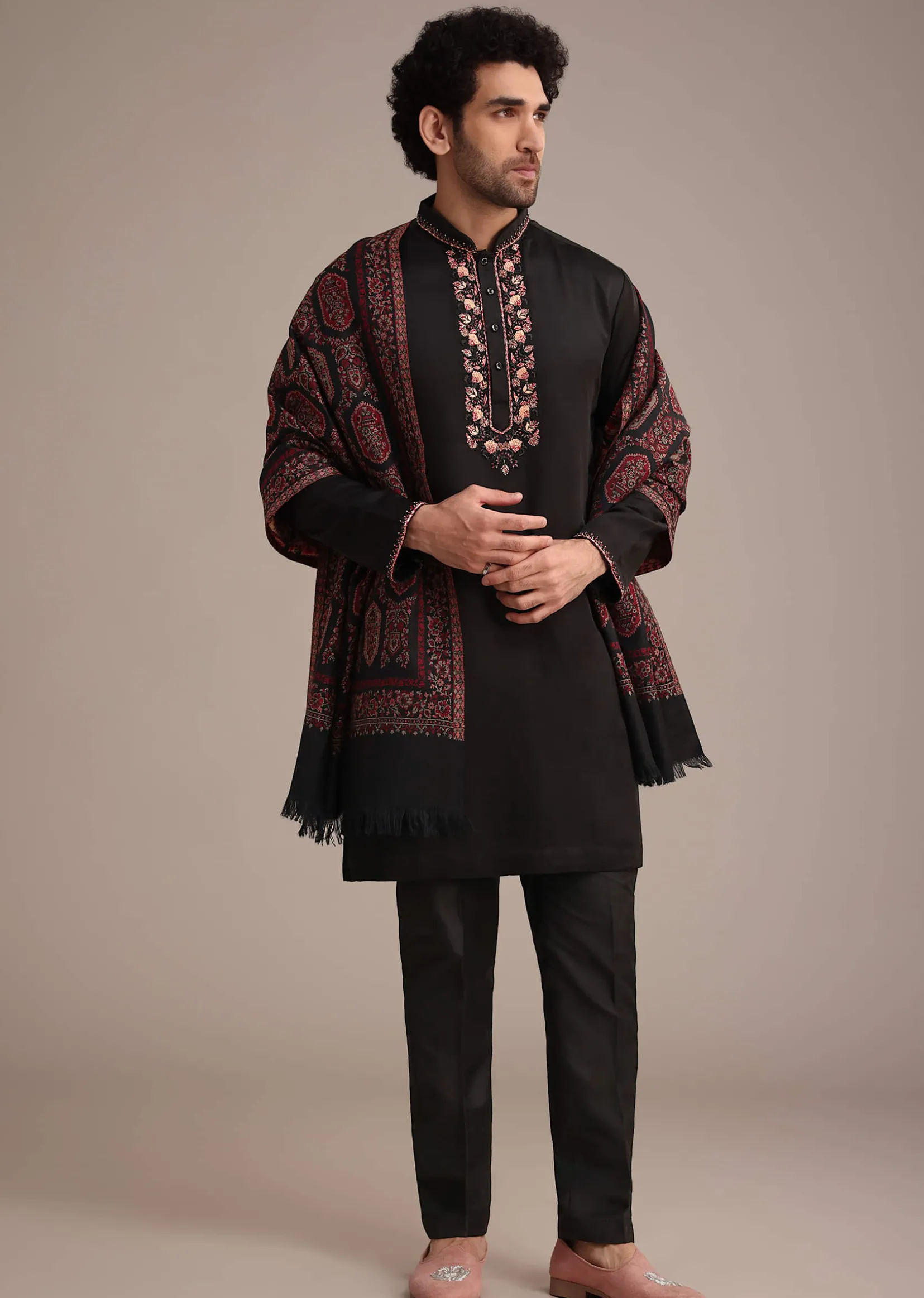 Black Silk Blend Hand Work Kurta Dupatta Set