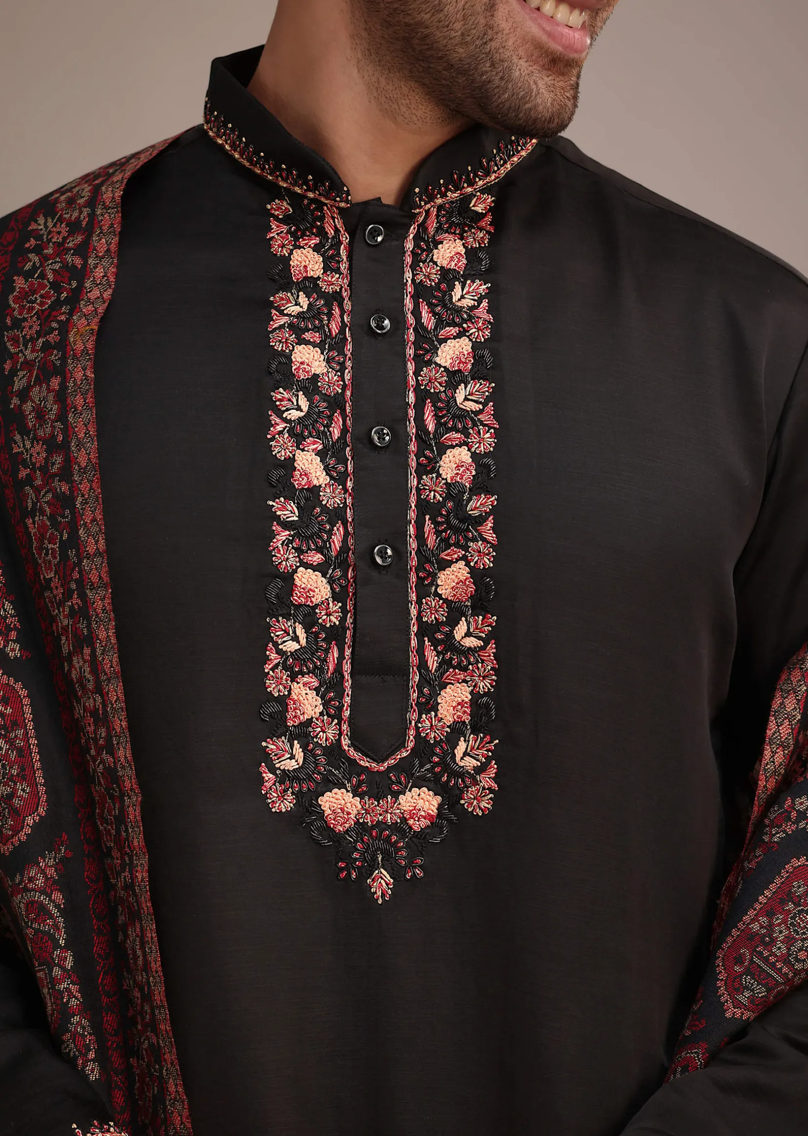 Black Silk Blend Hand Work Kurta Dupatta Set