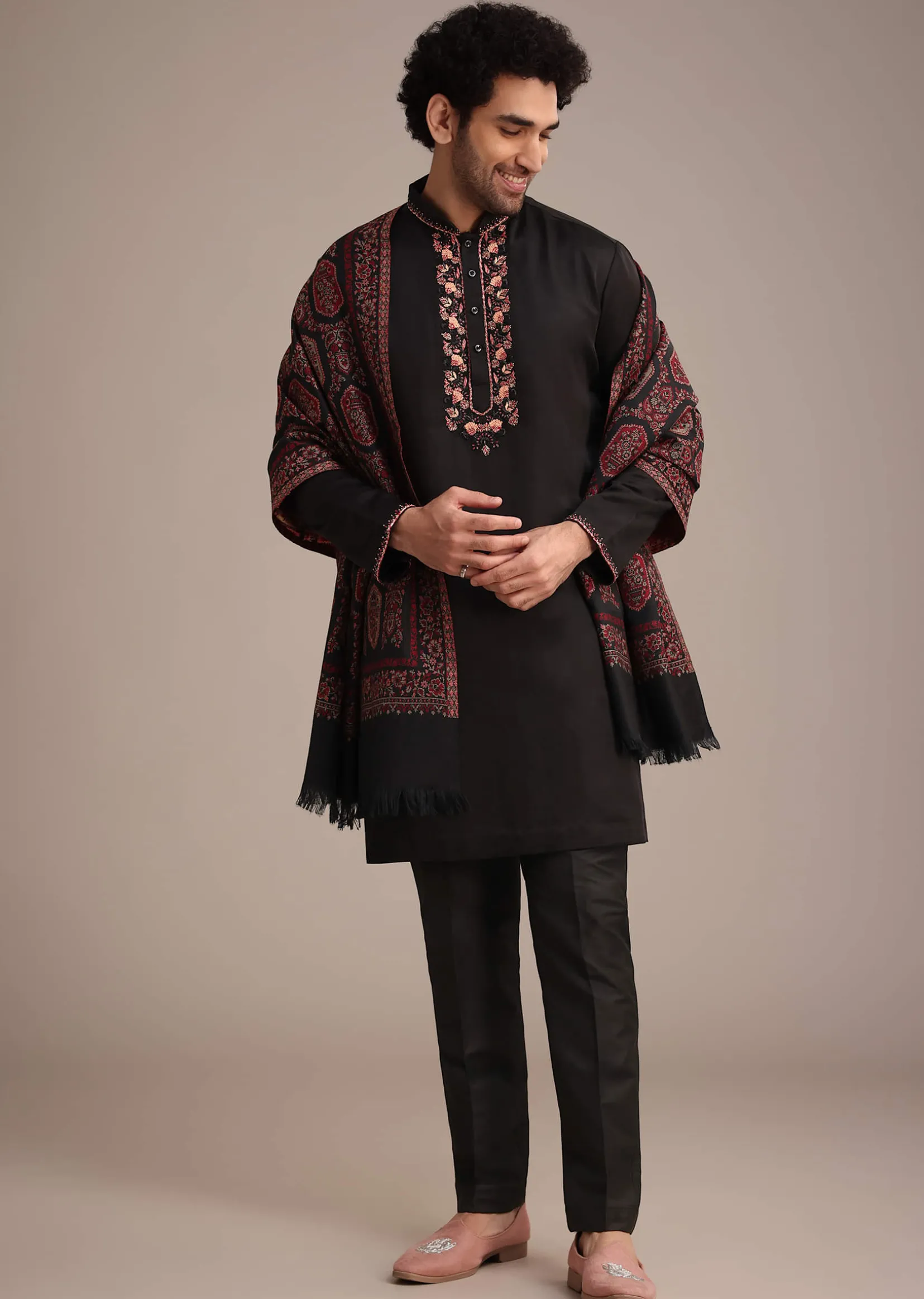 Black Silk Blend Hand Work Kurta Dupatta Set