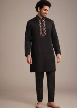 Black Silk Blend Hand Work Kurta Dupatta Set