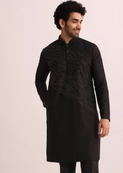 Black Silk Blend Kurta Set With Thread Embroidery