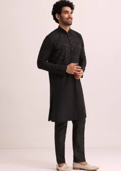 Black Silk Blend Kurta Set With Thread Embroidery