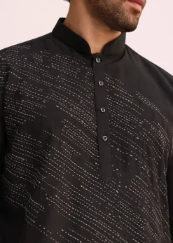 Black Silk Blend Kurta Set With Thread Embroidery