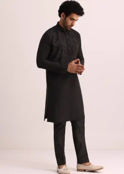 Black Silk Blend Kurta Set With Thread Embroidery