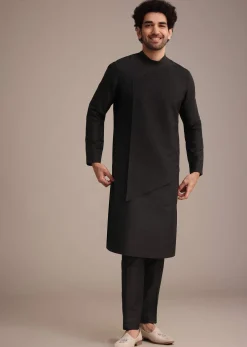 Black Silk Blend Pintuck Kurta Jacket Set