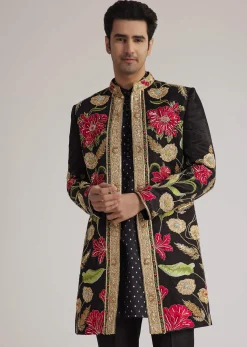 Black Silk Floral Hand Embroidered Indowestern Jacket Set