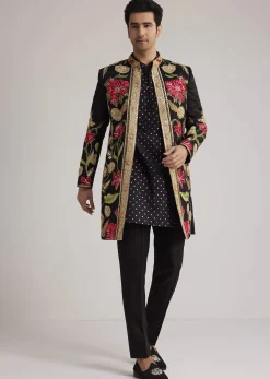 Black Silk Floral Hand Embroidered Indowestern Jacket Set