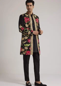 Black Silk Floral Hand Embroidered Indowestern Jacket Set