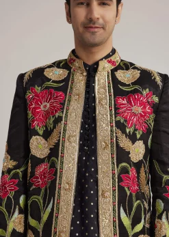 Black Silk Floral Hand Embroidered Indowestern Jacket Set