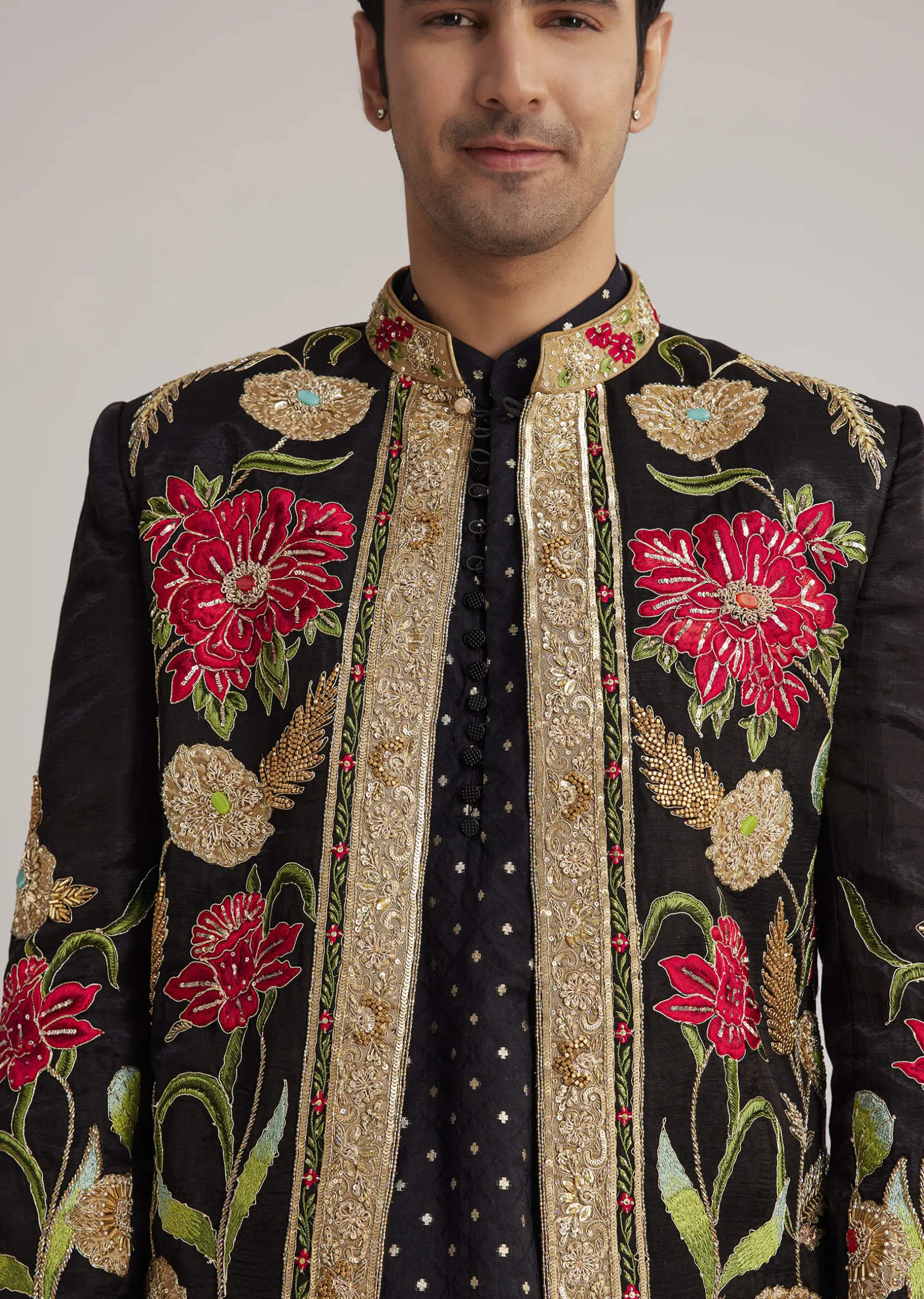 Black Silk Floral Hand Embroidered Indowestern Jacket Set