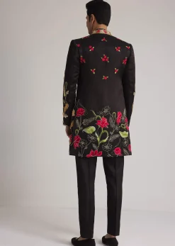 Black Silk Floral Hand Embroidered Indowestern Jacket Set