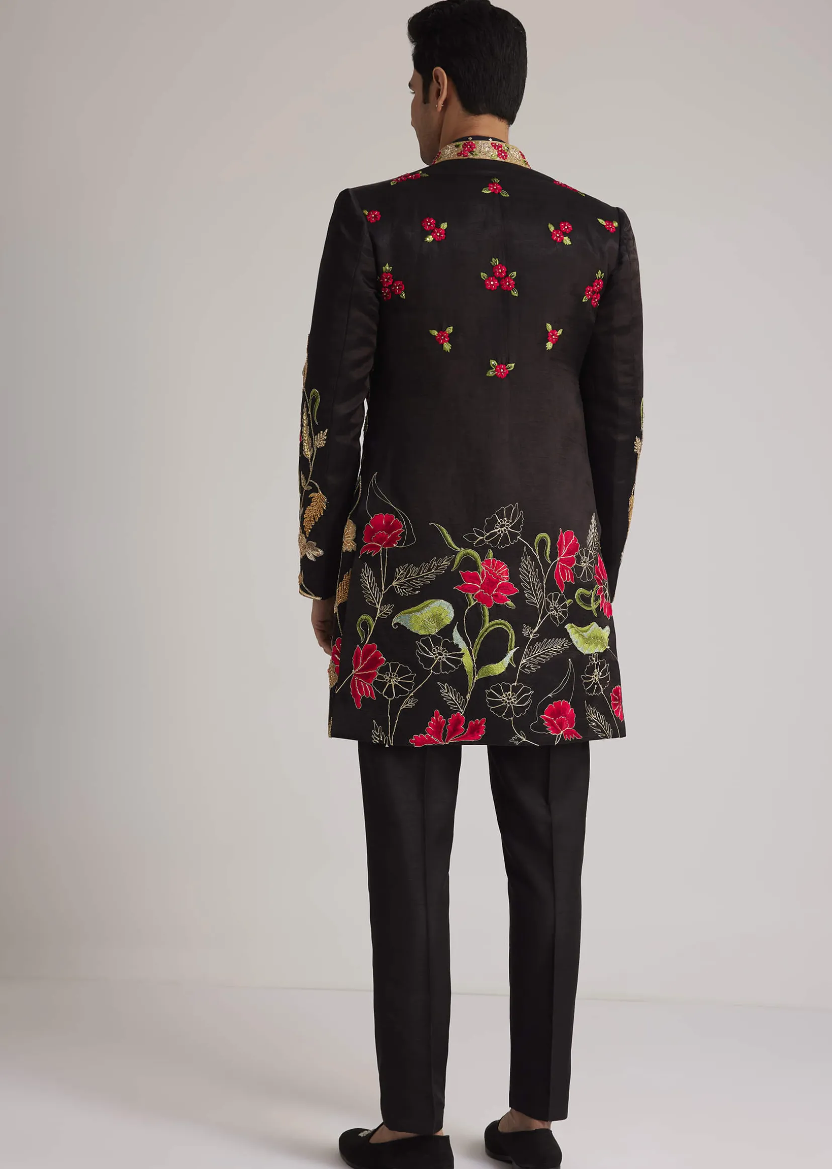 Black Silk Floral Hand Embroidered Indowestern Jacket Set
