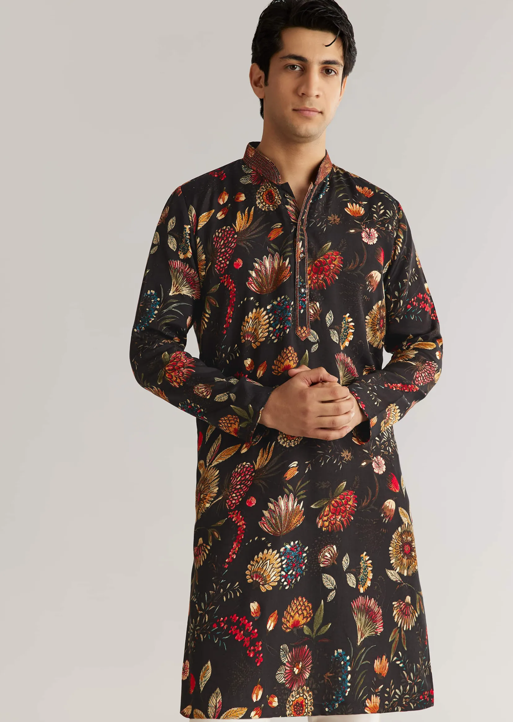 Black Silk Floral Resham Embroidered Kurta Set