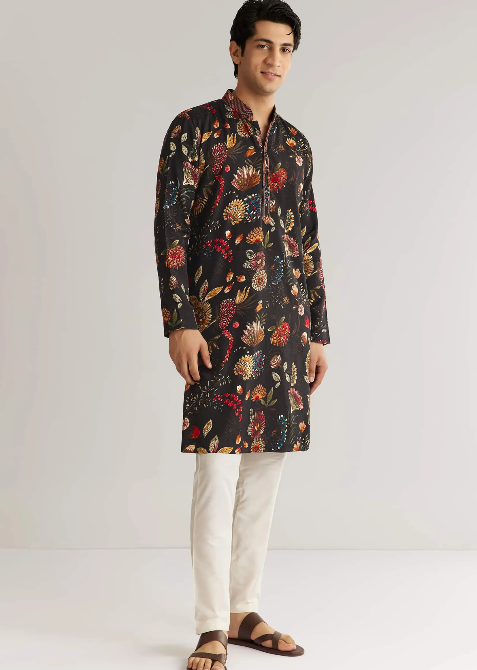 Black Silk Floral Resham Embroidered Kurta Set