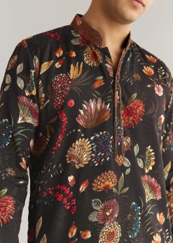 Black Silk Floral Resham Embroidered Kurta Set