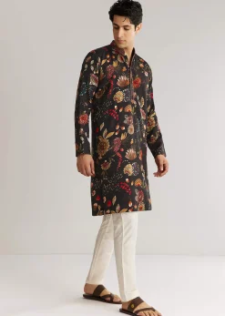 Black Silk Floral Resham Embroidered Kurta Set