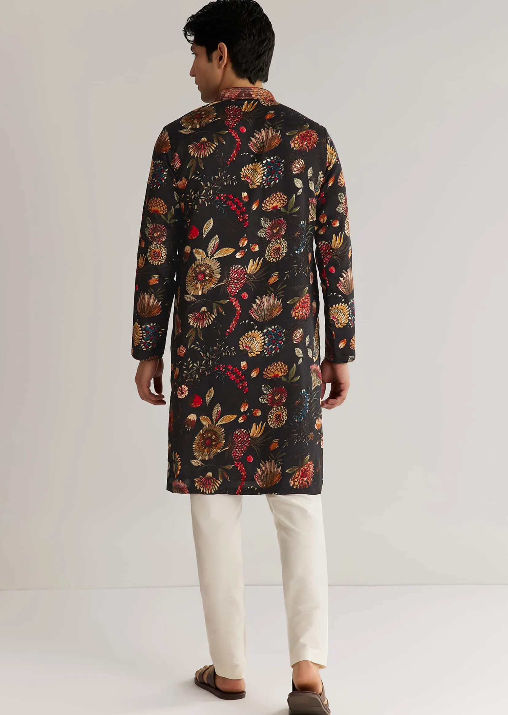 Black Silk Floral Resham Embroidered Kurta Set