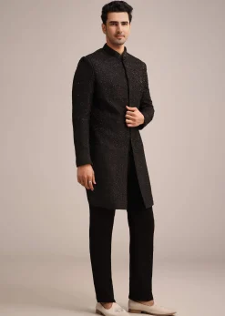 Black Silk Indo Western And Pant Set With Salli Work