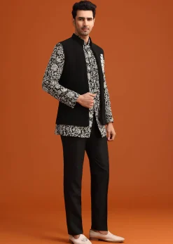 Black Silk Jacket And Kurta Set With Zari Work