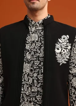Black Silk Jacket And Kurta Set With Zari Work