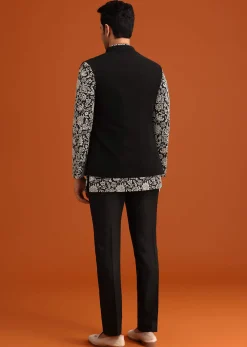 Black Silk Jacket And Kurta Set With Zari Work