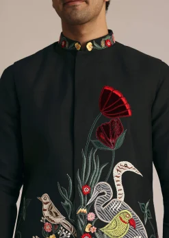 Black Silk Jacket Set With Resham Embroidery