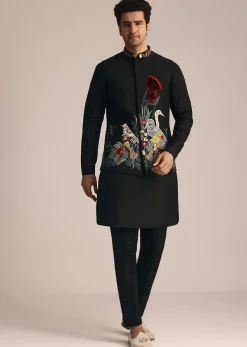 Black Silk Jacket Set With Resham Embroidery