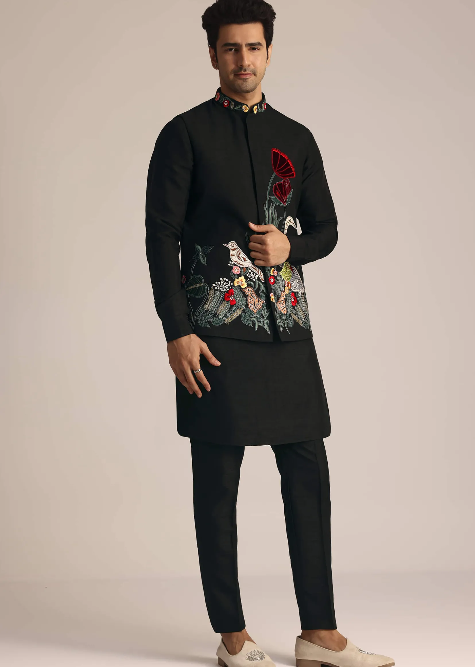 Black Silk Jacket Set With Resham Embroidery