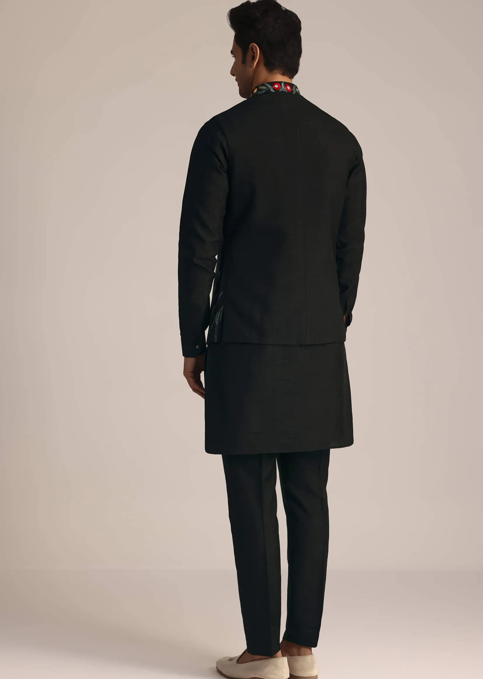 Black Silk Jacket Set With Resham Embroidery