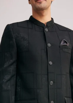Black Silk Jodhpuri Suit With Floral Motifs And Cut Dana Work