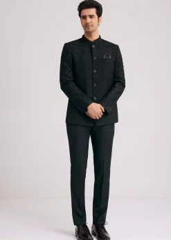 Black Silk Jodhpuri Suit With Floral Motifs And Cut Dana Work