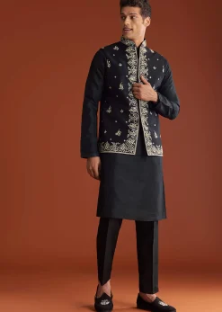 Black Silk Kurta Jacket Set With Thread Work