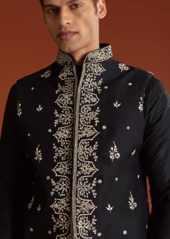 Black Silk Kurta Jacket Set With Thread Work