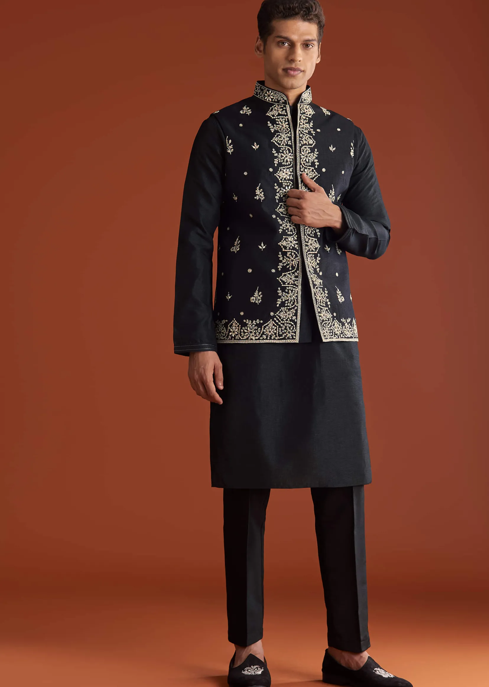 Black Silk Kurta Jacket Set With Thread Work