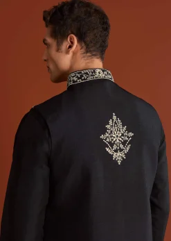 Black Silk Kurta Jacket Set With Thread Work