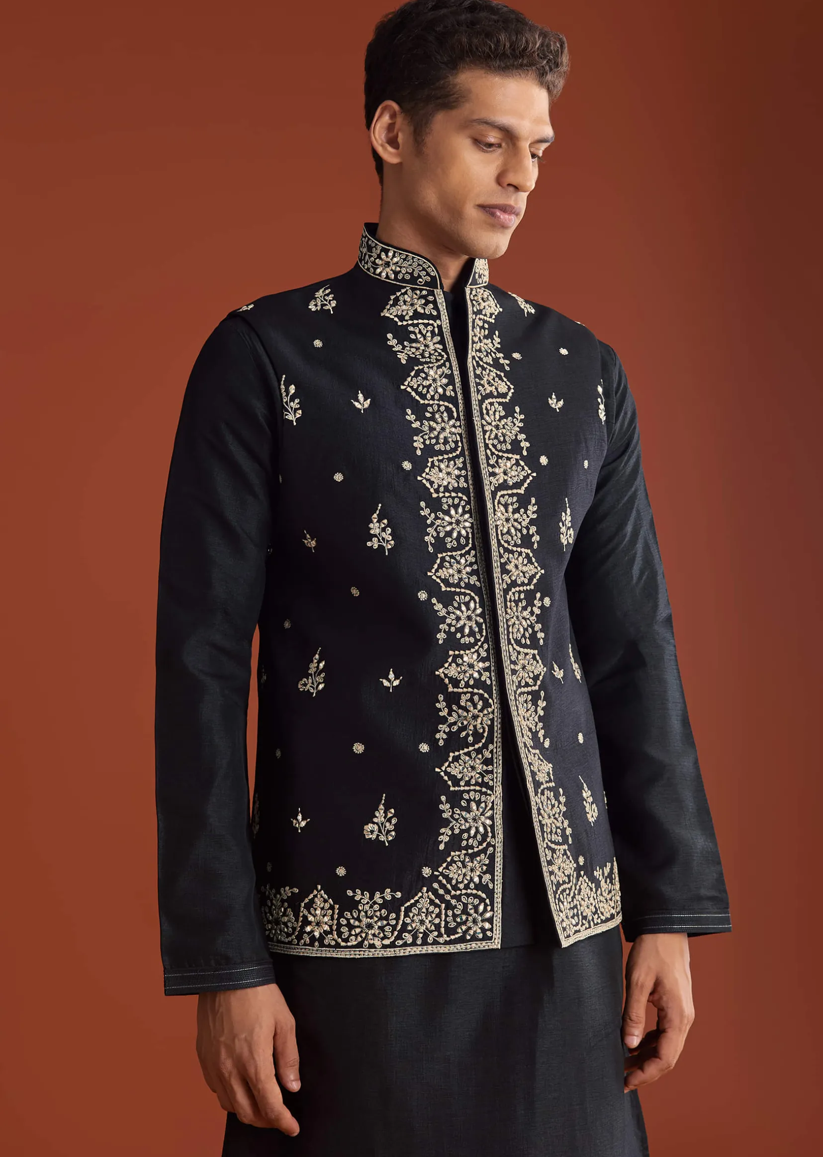 Black Silk Kurta Jacket Set With Thread Work