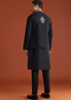 Black Silk Kurta Jacket Set With Thread Work
