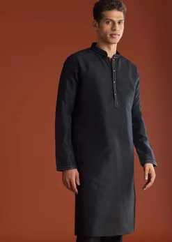 Black Silk Kurta Jacket Set With Thread Work