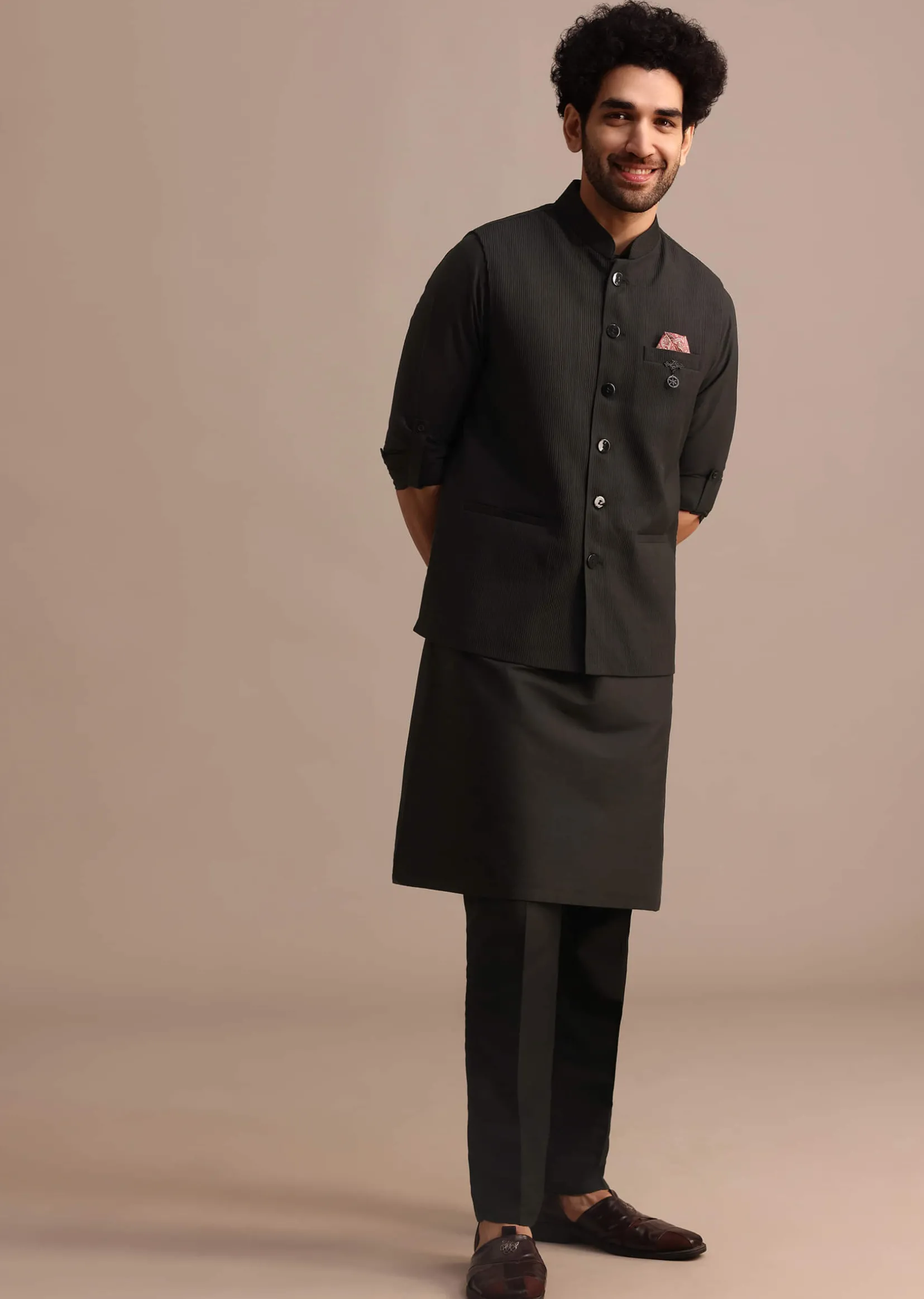 Black Silk Kurta Jacket Set With Pintuck Pattern For Men