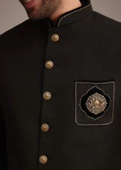 Black Silk Kurta Jacket Set With Patch Work Broach