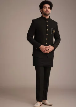 Black Silk Kurta Jacket Set With Patch Work Broach