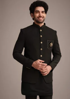 Black Silk Kurta Jacket Set With Patch Work Broach