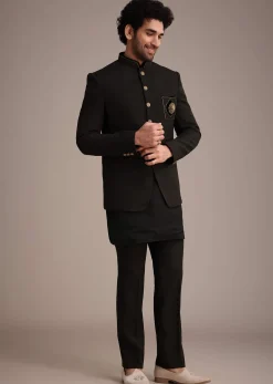 Black Silk Kurta Jacket Set With Patch Work Broach