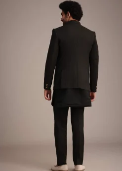Black Silk Kurta Jacket Set With Patch Work Broach