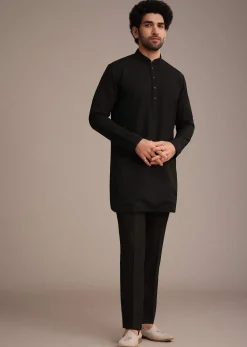 Black Silk Kurta Jacket Set With Patch Work Broach