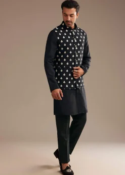 Black Silk Kurta Jacket Set With Embroidered Jacket